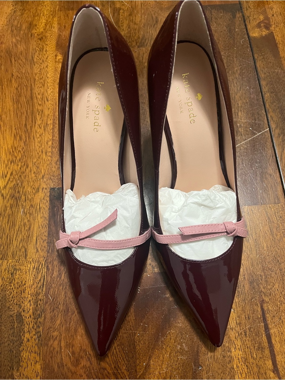 kate spade Burgundy Patent Pointed-Toe Pumps with Pink Bow Strap